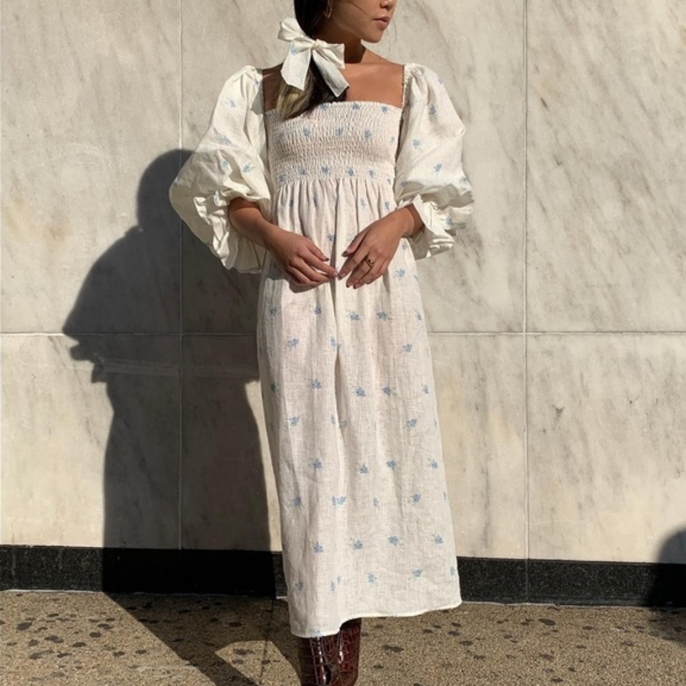 Sleeper 100% linen atlanta dress smocked bodice and puff sleeves xsmall